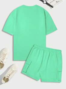 Manfinity Homme Men's Solid Color Crew Neck Short Sleeve Casual T-Shirt And Drawstring Waist Shorts Set - Green - View 3