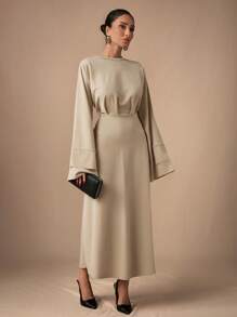 EURMUSE Solid Color Round Neck Pleated Elegant Long Sleeve Dress - Krem - View 6