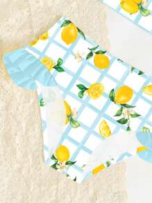 SHEIN Girls Summer Beach Outfit Lemon Print Ruffled One-Shoulder Bikini Set, Family Matching Outfits Mommy And Me (4 Pieces Sold Separately) - Multicolor - View 4
