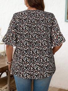 SHEIN LUNE Camicetta casual da donna con scollo a V, maniche arricciate, stampa floreale ditsy, adatta per le vacanze in taglie comode