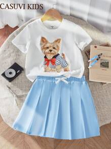 SHEIN 2pcs/Set Young Girl Round Neck Short Sleeve T-Shirt And Mini Skirt, Fashion Summer Set Toddler Girl Clothes 6t - Baby Blue - View 9