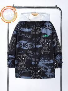 SHEIN Chaqueta con capucha forrada térmica con texto en inglés y estampado de oso para adolescentes varones, apta para otoño, invierno, para mantener el calor, para la escuela, el hogar, casual, el gimnasio, fiestas de cumpleaños, salidas, todo tipo de uso y diseño simple.