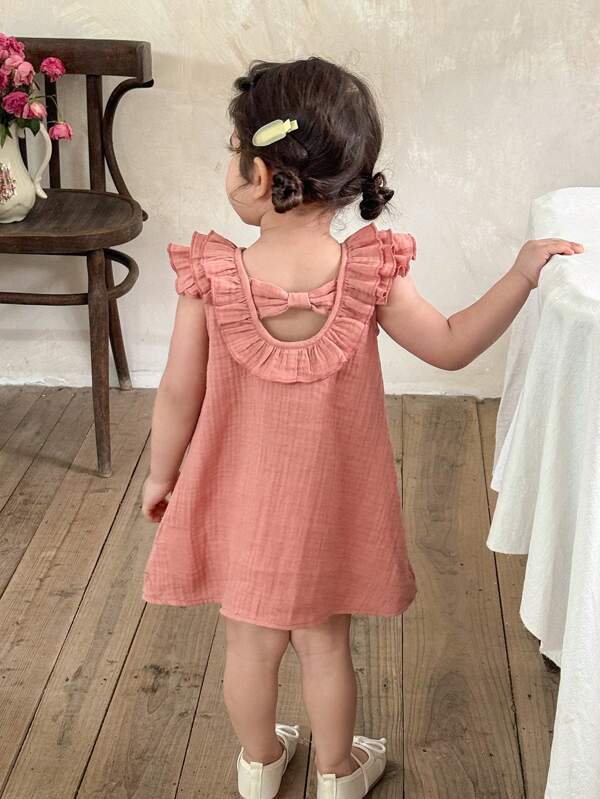 LMoss Kids LMoss   Baby Girl Solid Color Round Neck Ruffle Hem Fitted Casual Dress Sisters Outfit,Suitable For Spring And Summer Cute Matching Outfit Suitable For Spring And Summer