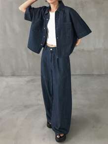 FRIFUL 女式落肩单排扣口袋夹克和牛仔裤套装