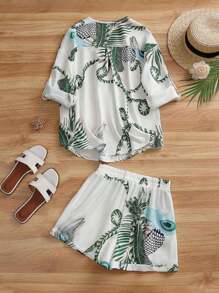 Breezaya Bộ 2 món áo sơ mi và quần short hở lưng in họa tiết nhiệt đới rộng rãi thoải mái dành cho nữ - Nhiều màu - Xem 2
