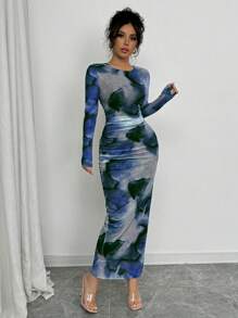 Elenzga 优雅渐变长袖修身女式连衣裙长款女装 - 藍色 - 查看 4