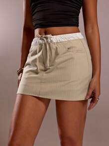 Forever 21 Women's Summer Casual Striped Patchwork Drawstring Waist Skirt - Khaki - View 6