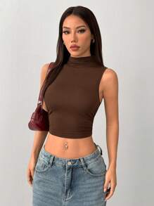 SHEIN PETITE Solid Crop Mock Neck Ruched Tank Top Brown - Coffee Brown - View 3
