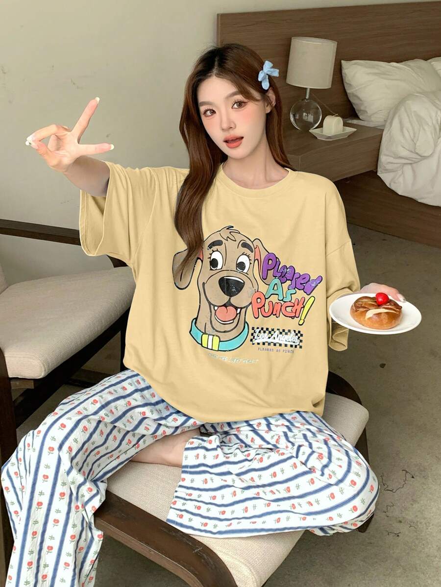 DAZY 可爱狗狗图案印花宽松上衣搭配条纹和花卉印花休闲睡裤睡衣套装