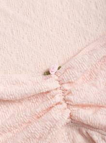 Sweetra Women's Lace Raglan Sleeve Crew Neck Ruched Decor Solid Color Slim Fit T-Shirt, Fashionable European Style, Suitable For Spring/Summer - Baby Pink - View 4