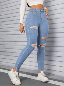 SHEIN EZwear Jeans pitillo negros con bolsillos inclinados y rasgados - Lavado ligero - Ver 3