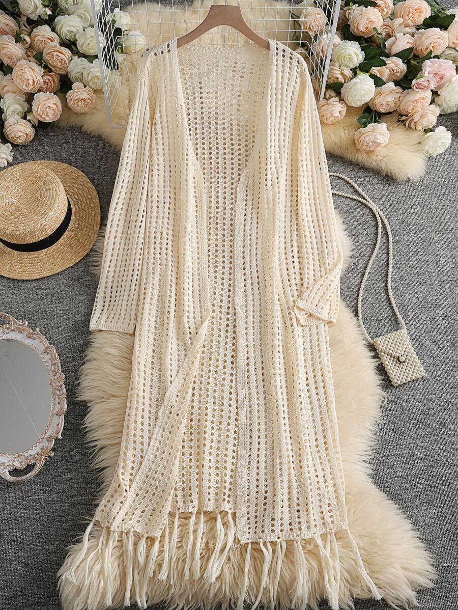 Breezaya Women's Casual Retro Hollow Tassel Knit Cardigan - Khaki - View 1