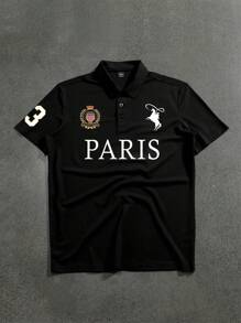 SHEIN Polo de punto holgado con estampado de letras, cuello de solapa y medio abierto, cómodo y versátil, apropiado para ir al colegio, ocio diario, vacaciones y viajes, adecuado para deportes, apto para festivales de primavera y verano, para niño preadolescente