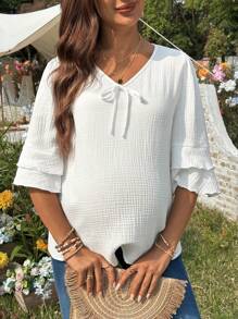 SHEIN 女士 V 领休闲荷叶边短袖孕妇衬衫 - 白色 - 查看 4