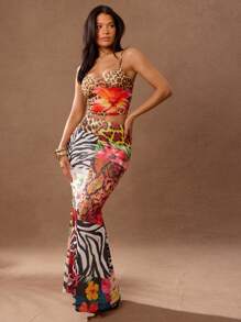 Hauture Summer Fashionable Animal Print & Tropical Pattern Patchwork Fitted Mermaid Skirt - Multicolor - View 4