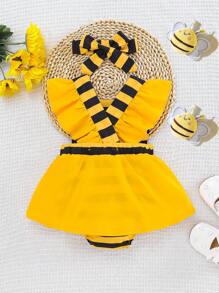 SHEIN 1 pieza Pelele de manga corta con estampado de abeja y cintura elástica para bebé niña, conjunto de uso diario holgado y cómodo con diadema, nuevo lanzamiento de verano