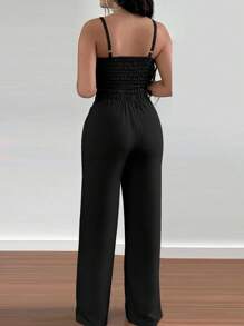 INAWLY 两件套女士碎花吊带背心和松紧腰系带阔腿裤 - 黑色 - 查看 3