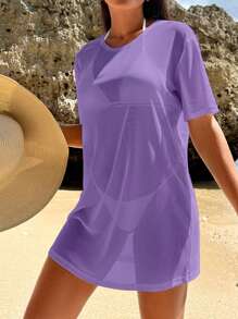 Swim Vcay Vestido casual holgado de cobertura con cuello redondo de unicolor para mujeres