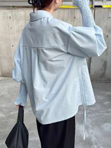 FRIFUL Women Solid Color Long Sleeve Shirt, Fashionable For Summer,Fall Women Clothes - Blue - View 4