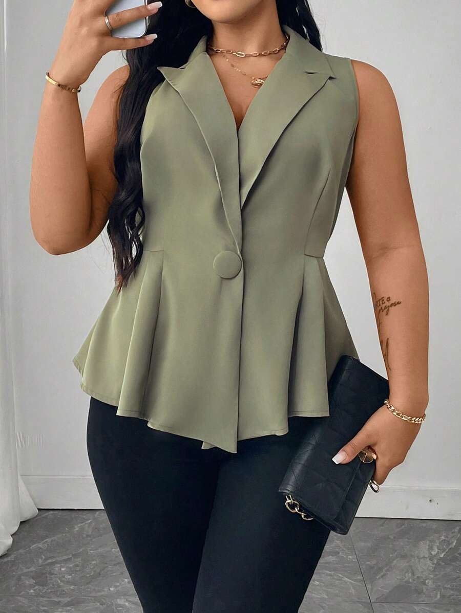 SHEIN Unity Plus Size Sleeveless Solid Color Ruffle Trim Elegant Casual Business Blouse For Women - Olive Green - View 1