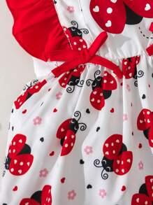 Baby Girls Casual Daily Bee Print Flutter Sleeve Dress, Suitable For Outings Or Comfortable Versatile Wear - Red - View 7