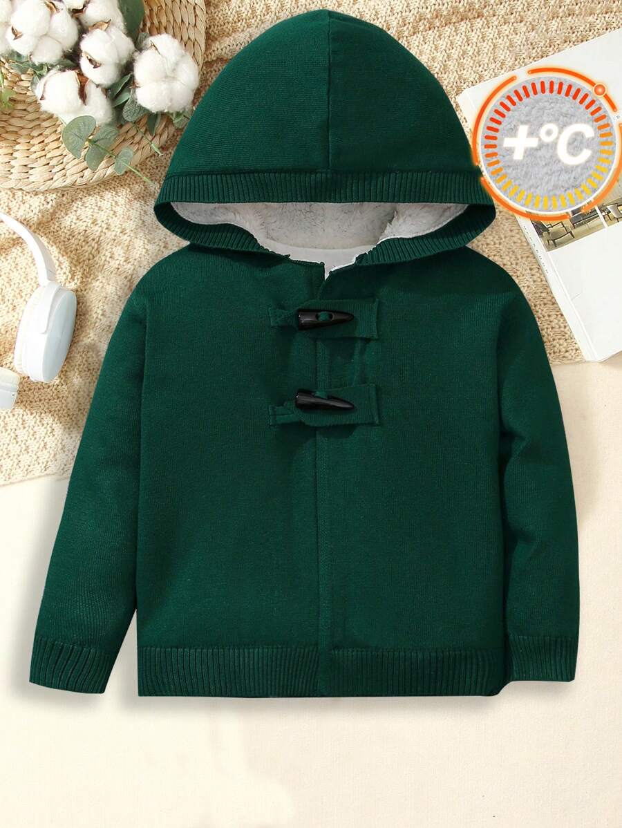 SHEIN Young Boys' Long Sleeve Hooded Zip-Up Sweater Cardigan, Casual And Style With Thermal Lined - Green - View 1