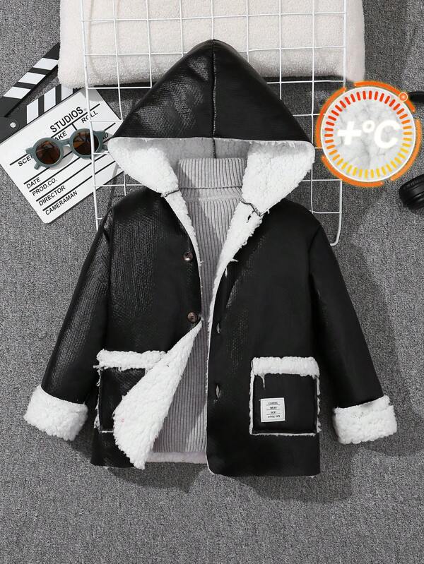 SHEIN Chaqueta con capucha casual de PU y forro de felpa cálida con cremallera para niños, adecuada para ir al trabajo, la escuela, el uso diario, los viajes, los deportes, primavera/verano/otoño/invierno