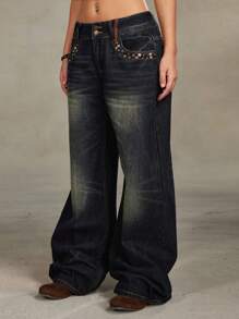 ROMWE Grunge Punk Plus Size Women Retro Vintage Distressed Rivet Design Loose Low Waist Bell-Bottom Jeans - Dark Grey - View 3