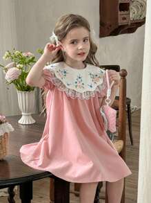 LMoss Kids Young Girl Floral Print Chiffon Ruffle Trim Puff Sleeve Dress - Pink - View 5