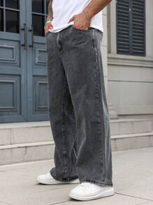 Manfinity Homme 男士加大码灰色牛仔裤：休闲基本款和长款拉链款式，适合日常舒适外出、通勤、工作、都市、emo 风格 - 灰色 - 查看 5