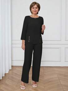 Miaspire Conjunto de 2 piezas de camisa y pantalones de unicolor casual y de oficina para mujeres