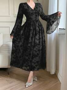 DAZY 全新秋季音乐节优雅中长款女士连衣裙长袖连衣裙 - 粉色 - 查看 6