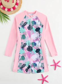 Traje de baño de una pieza con cremallera y manga larga, protección solar, estilo de vacaciones para niñas jóvenes