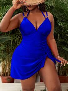 Slaydiva Plus Size Women's Pink Spaghetti Strap Ruched Open Back One-Piece Swimwear, For Beach Holiday, Summer