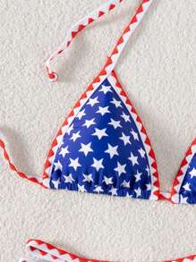 SHEIN Swim Women Star & Stripe USA Flag Print Beach Vacation Halter Bikini Set, 4th Of July For Summer - Multicolor - View 3
