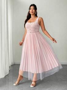 Celure Vestito lungo elegante da donna con maschera senza maniche, in vita alta, decorato con bottoni in perla, in contrasto con rete, misure forti
