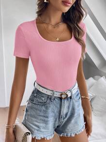 SHEIN Clasi Women's Solid Color Short Sleeve Round Neck Minimalist Fashion T-Shirt, Suitable For Summer