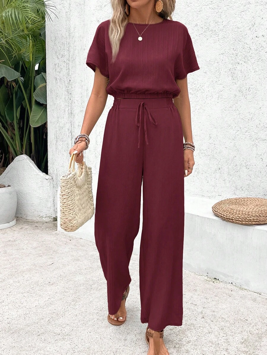 SHEIN Frenchy 2 件套女士夏季纯色圆领上衣和裤子套装 - 酒紅色 - 查看 1