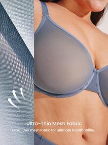 LUVLETTE Plus Fullcover Unlined Plunge Breathable Mesh Sheer Airy Basic Breezy Comfort Minimizer Bra - Dusty Blue - View 4