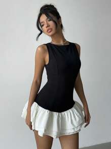 Aloruh Elegant Black & White Contrast Ruffle Hem Mini Dress, Summer - Black and White - View 7