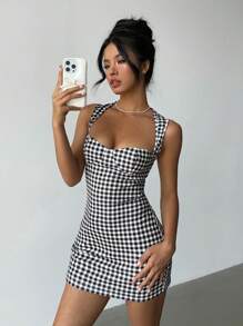 Aloruh 女士黑白格子紧身迷你连衣裙 - 黑與白 - 查看 4