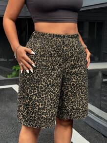 SHEIN ICON Plus Size Women Casual Leopard Print Denim Shorts - Multicolor - View 5