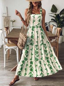 Breezaya 女士蓝白印花腰部度假/休闲/通勤系带中长连衣裙 - 綠色 - 查看 4