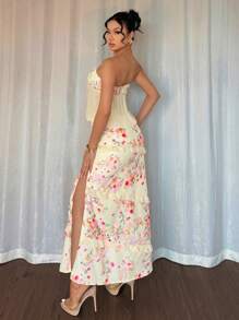 INAWLY Set de 2 piezas con top tipo bandeau y minifalda con parches florales, conjunto vacacional para mujer