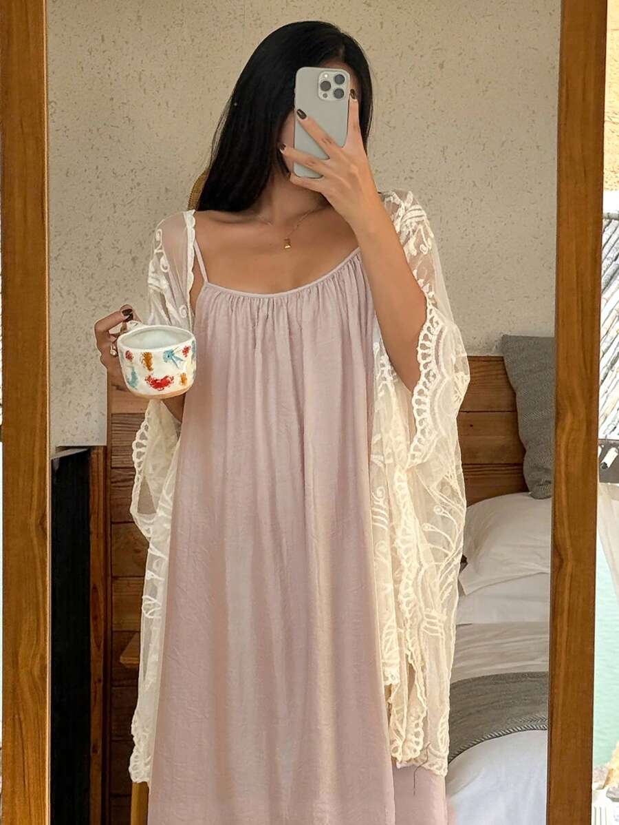 DAZY 2件套女士蕾丝吊带睡裙睡袍套装，宽松版型，秋冬服装 - 粉色 - 查看 1