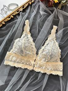 SHEIN 大码女士时尚前扣蕾丝性感内衣文胸 - 香檳色 - 查看 6