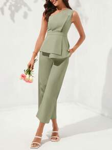 Ellevyn 1pc Women 2 Pieces Set: Asymmetrical Ruffle Waist Jumpsuit - Mint Green - View 6
