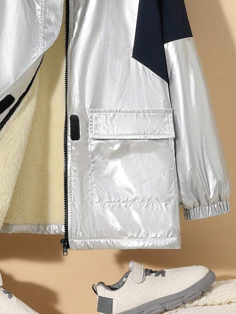 Tween Boy Flap Pocket Fuzzy Trim Hooded Thermal Lined Coat