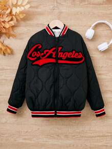 Tween Girl Letter Flocking Striped Trim Drop Shoulder Zipper Bomber Quilted Coat - Black - View 3