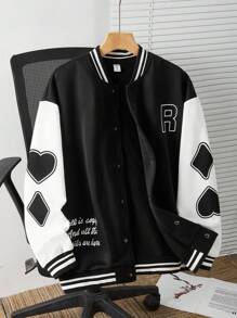 SHEIN Teen Boy 1pc Knit Playing Card Pattern Letter Print Sleeve Patchwork Colorblocked Jacket,Black Autumn Streetwear Graduation Back-To-School Comfort - Multicolor - View 3